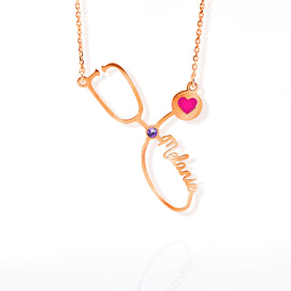 Sterling Silver Birthstone & Enamel Heart Script Name Stethoscope Necklace