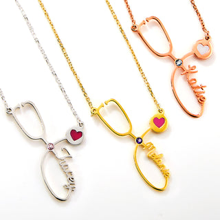 Sterling Silver Birthstone & Enamel Heart Script Name Stethoscope Necklace