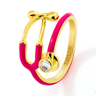Gold Plated Personalized Birthstone & Enamel Stethoscope Wrap Ring