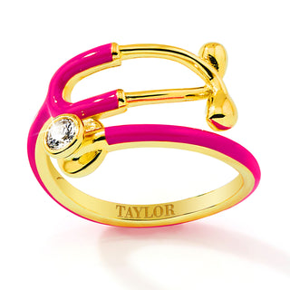 Gold Plated Personalized Birthstone & Enamel Stethoscope Wrap Ring