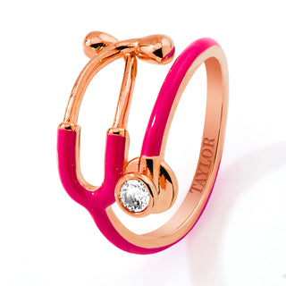Rose Gold Plated Personalized Birthstone & Enamel Stethoscope Wrap Ring