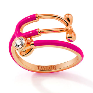 Rose Gold Plated Personalized Birthstone & Enamel Stethoscope Wrap Ring