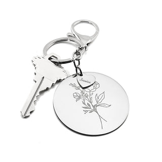 Stainless Steel Engraved Heart Charm and Flower Disc Keychain