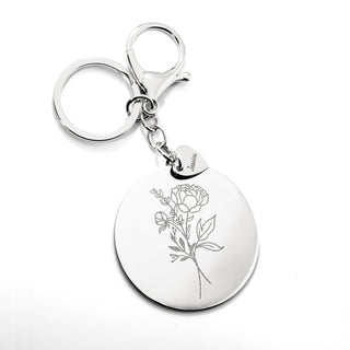 Personalized, Stainless Steel Engraved Heart Charm and Flower Disc Keychain.