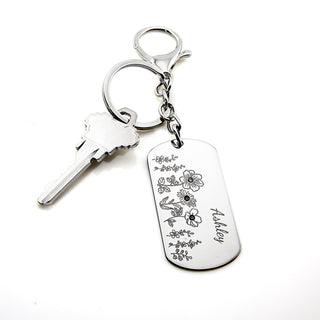 Stainless Steel Personalized Name and Birthstone Flowers Keychain