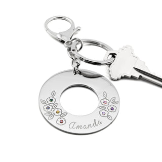 Stainless Steel Engraved Name and Birthstone Flowers Open Circle Keychain