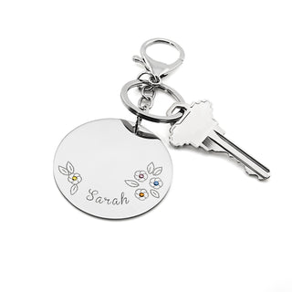 Stainless Steel Engraved Name and Birthstone Flowers Circle Keychain