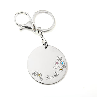 Personalized Stainless Steel Engraved Name and Birthstone Flowers Circle Keychain.