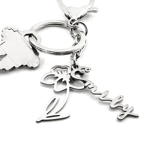 Silvertone and Stainless Steel Script Name and Birth Month Flower Keychain
