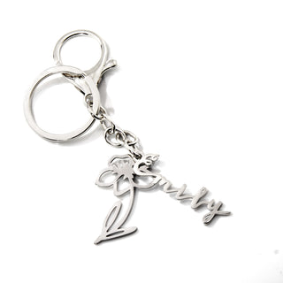 Silvertone and Stainless Steel Script Name and Birth Month Flower Keychain.