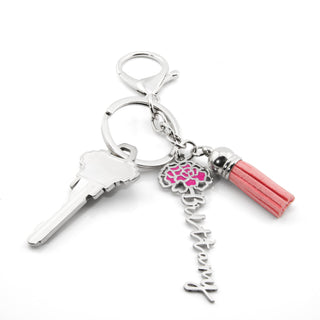 Stainless Steel Enamel Birth Month Flower Script Name and Tassle Keychain
