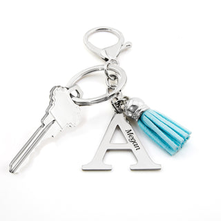 Stainless Steel Initial with Engraved Name and Tassle Keychain