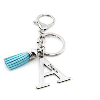 Personalized Stainless Steel Initial with Engraved Name and Tassel Keychain.