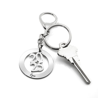 Silvertone and Stainless Steel Personalized Year and Engraved Open Circle Keychain