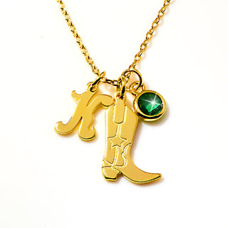 Personalized Cowboy Boot Charm Necklace with Initial & Birthstone