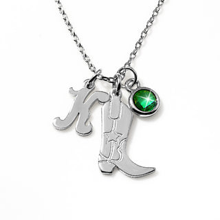 Personalized Cowboy Boot Charm Necklace with Initial & Birthstone