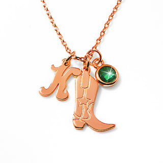 Personalized Cowboy Boot Charm Necklace with Initial & Birthstone
