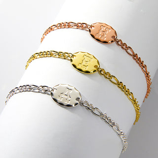 Engraved Oval Disc Station Figaro Chain Bracelet