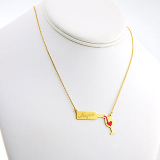 Engraved Wine Bottle Necklace with Enamel Wine Glass Accent