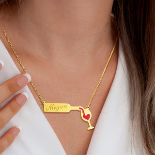 Engraved Wine Bottle Necklace with Enamel Wine Glass Accent