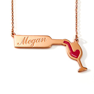 Engraved Wine Bottle Necklace with Enamel Wine Glass Accent