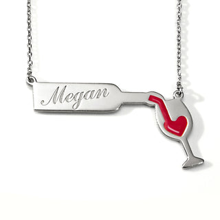 Engraved Wine Bottle Necklace with Enamel Wine Glass Accent
