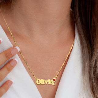Personalized Name Necklace with Enamel Wine Glass Accent