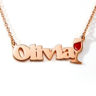 Personalized Name Necklace with Enamel Wine Glass Accent