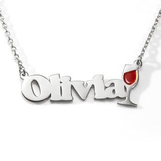 Personalized Name Necklace with Enamel Wine Glass Accent