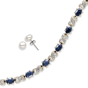 Genuine Sapphire & Diamond Tennis Bracelet with Free Freshwater Pearl Studs-Pierced