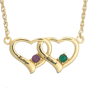 Couple's Linked Hearts Birthstone Name Necklace