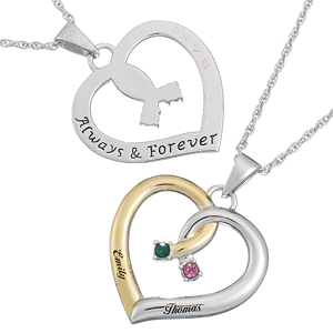 Sterling Silver Two-tone Couples Name & Birthstone Heart Necklace