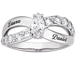 Couple's Platinum Plated Sterling Silver Marquise CZ Name Ring