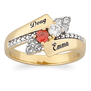 18K Gold over Sterling Couples CZ Birthstone & Name Ring