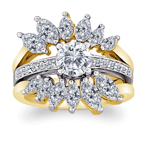 14K Gold Plated Round & Marquise CZ Sunburst 2-Piece Wedding Ring Set