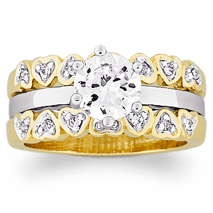 14K Gold Plated Two-Tone Round CZ Heart Jacket Wedding Ring Set