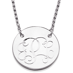 Sterling Silver Round Tag Engraved Monogram Necklace