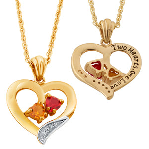 14K Gold Plated Couple's Birthstone Heart Pendant with Diamond Accent
