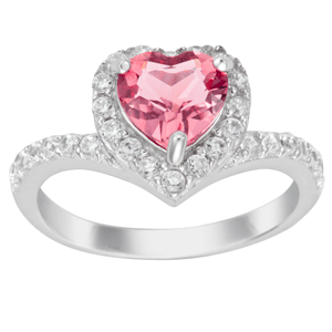 Sterling Silver Genuine Pink Topaz Heart & CZ Surround Ring