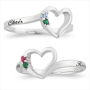 Sterling Silver Couple's Name & Birthstone Heart Ring