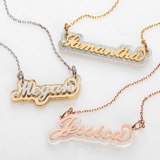 Stainless Steel Name on Silver Glittery Plaque Necklace