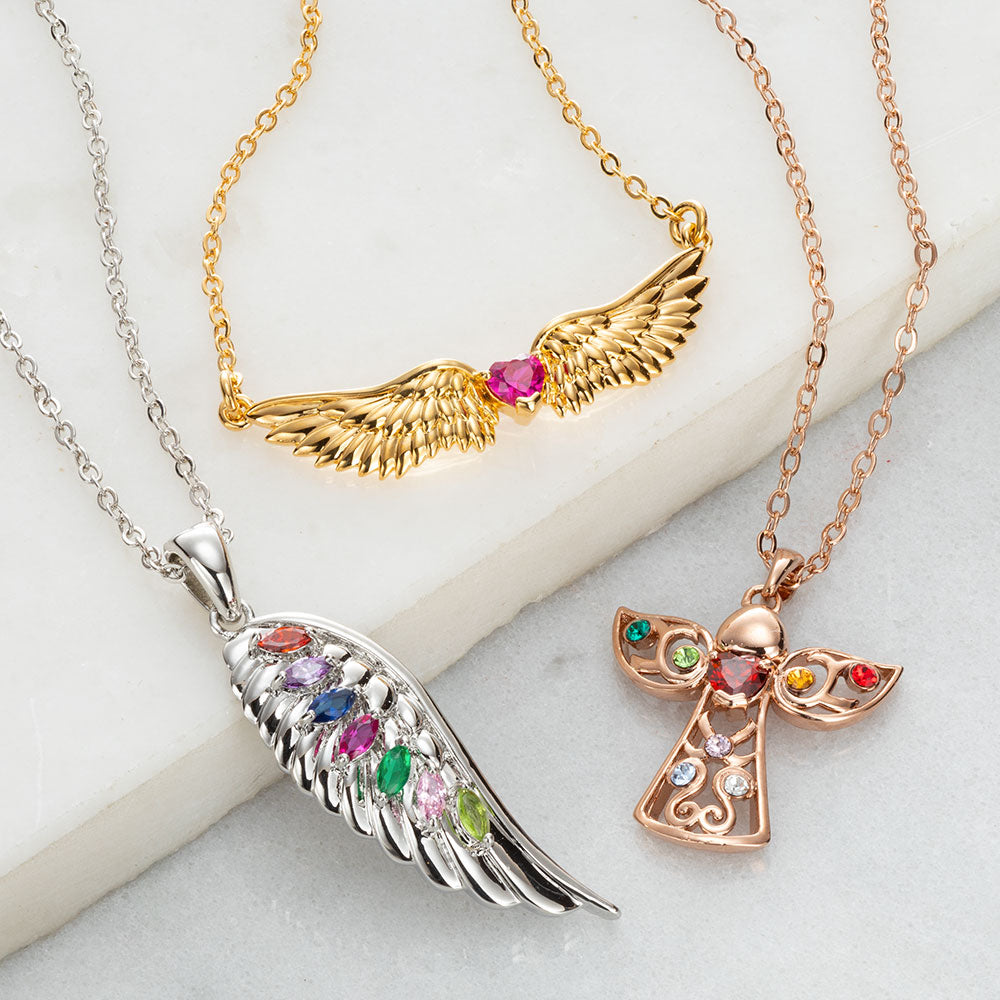Rose Goldtone Family Birthstone Angel Wing Necklace – Limoges Jewelry