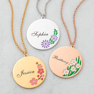 14K Gold Plated Engraved Name and Enamel Birth Flower Necklace