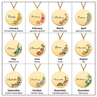14K Gold Plated Engraved Name and Enamel Birth Flower Necklace