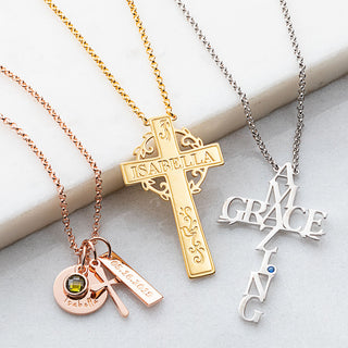 Silver Plated Engraved Name, Date, Birthstone and Cross Cluster Necklace