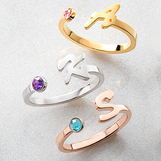 Silver Plated Script Initial with Birthstone Ring