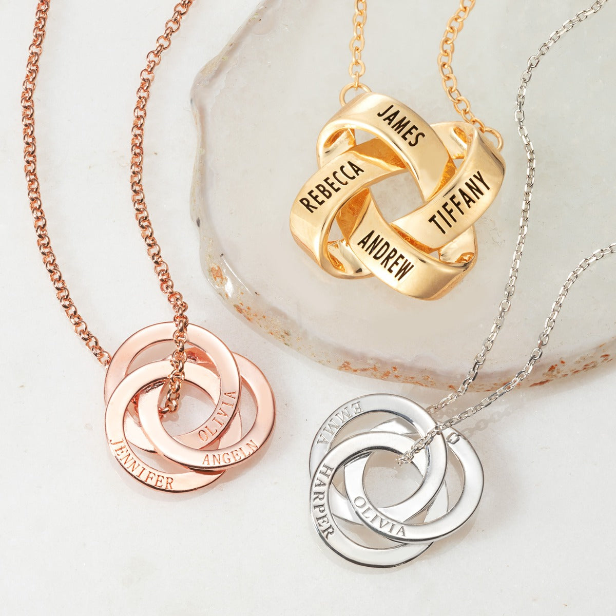 Sterling Silver Interlocking Rings Engraved Names Necklace