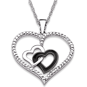 Sterling Silver Genuine Diamond Black & White Hearts Necklace