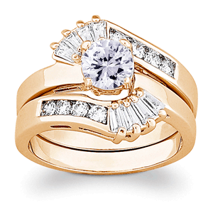 14K Gold Plated Brilliant CZ and Baguette 2 Piece Ring Set
